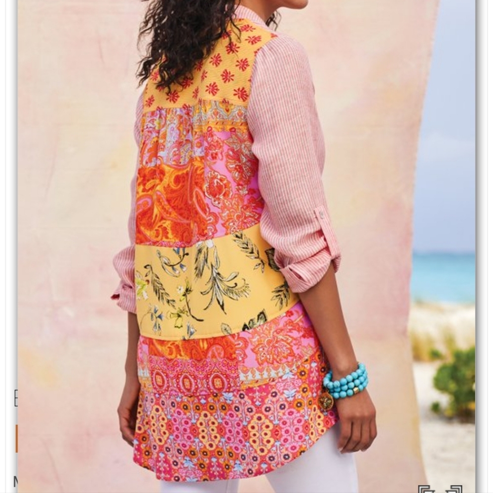 Soft Surroundings Pink and Yellow Patchwork Eden Island Linen Top - Picture 1 of 12